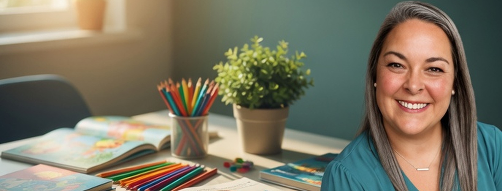 Mandi at a tutoring table with books, pencils, and plants