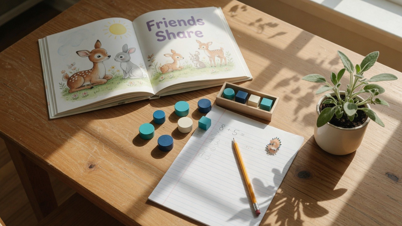 Tutoring table with a picture book, math counters, and a plant