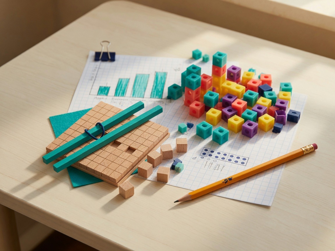 Colorful math cubes, base-ten blocks, and a pencil on a desk