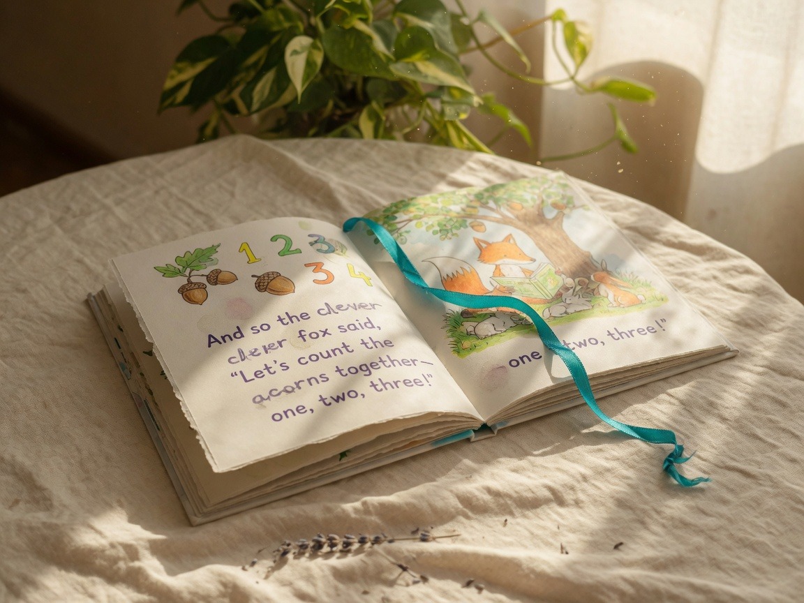 Open children’s storybook in warm afternoon light