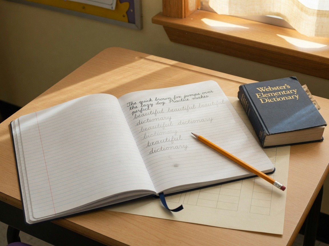 Open notebook with handwriting practice and an elementary dictionary